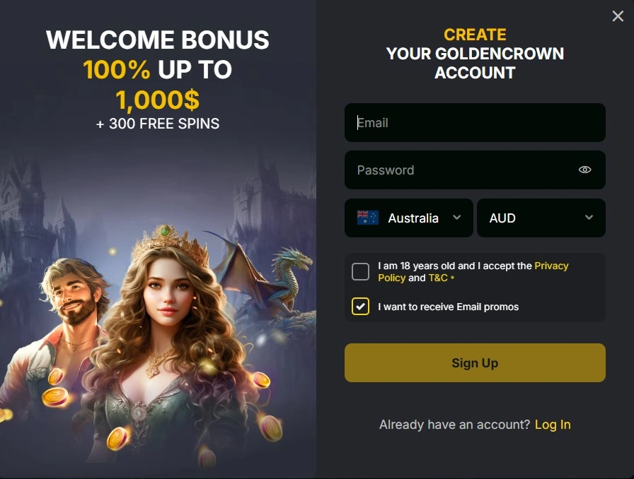 Golden Crown Casino sign up with welcome bonus